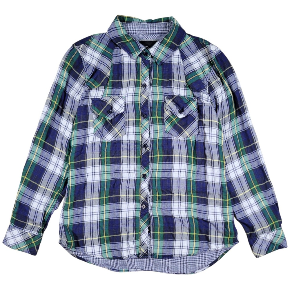 Rails Rayon Flannel Shirt Womens M Blue Green Plaid Button Grunge Casual Pockets